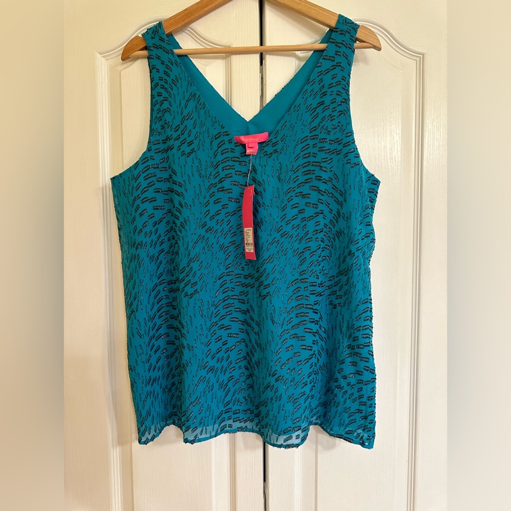 Lilly Pulitzer Silk Florin Sleeveless Top in Teal Bay Swirl, Size Large